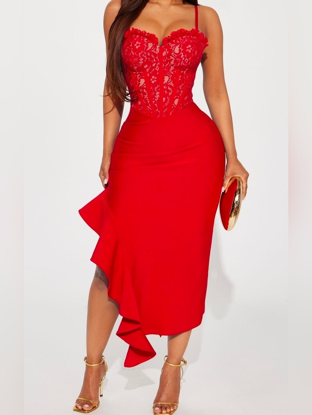 Red Lace Bodice Ruffle Midi Dress